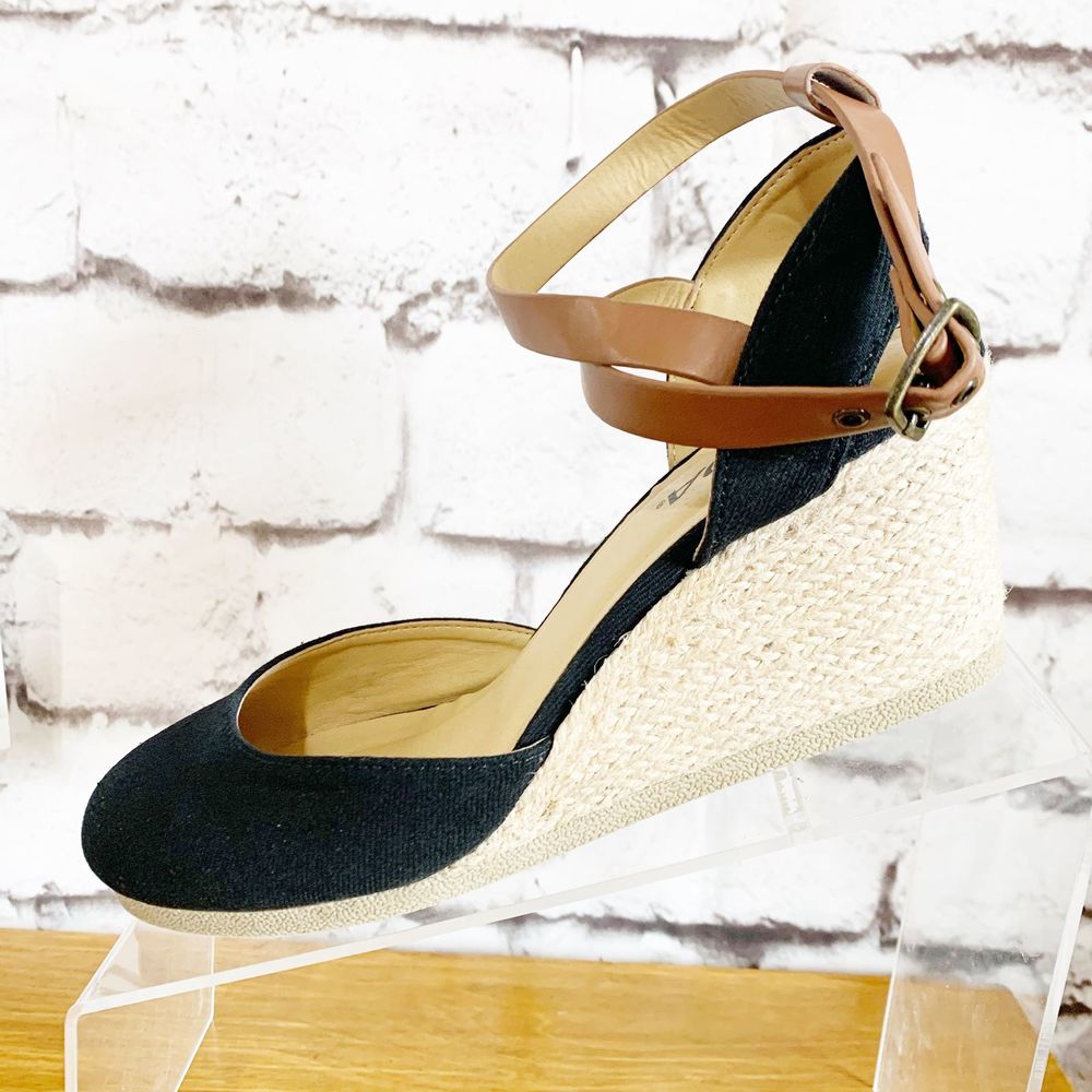 Wedge Espadrille Ankle-Strap Pumps - Black/Tan